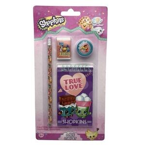 Shopkins 4 Piece Study Set Brand New Memo Pad, Pencil, Sharpner & Eraser NOS